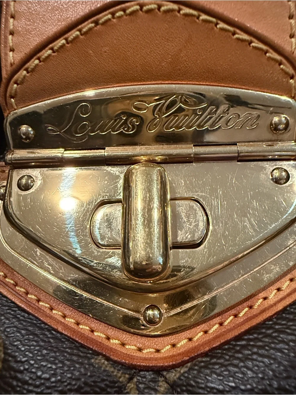 Louis Vuitton Brown Monogram Quilted Satchel with Tan Trim and Gold Hardware